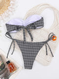 Sexy Bandeau Micro Bikini 2026 Women Bow Black Plaid Print Pleat Push Up Bra Bandage Thong Swimsuit Summer Bathing Suit Swimwear