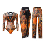 S - XXL 3PCS New Printed Long Sleeve With Pants Sarong Women Swimwear One Piece Swimsuit Female Bather Bathing Suit Swim K7180