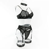 Toucheart 5-Piece Suit Sexy Underwear Suit Flocked Leopard Print Fashionable Hollow Sexy Lingerie Women Perspective Underwear