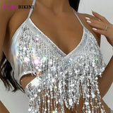 DEKA  Brazilian Silver Sequin Tassel Bikini Set Women's Halter Fringes Bra Shorts Nightclub Swimsuit Dance Stage Outfit Swimwear
