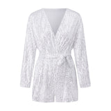 Women Summer Fall Sequin Shorts Jumpsuit Trendy Sparkly V Neck Long Sleeve Romper with Belt for Party Club