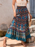 Women's Loose Long Skirt Bohemian Print Elastic Waist Ruffle Flowy Pleated Skirts Summer Beach Party Streetwear