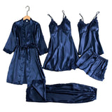 5 Pcs/Set Silky Satin Women Pajamas Set Nightgown Nightdress Top Shorts Pants Set Lace Patchwork Loose Thin Women Sleepwear