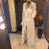 New Sexy V Neck Ruffled Long Sleeve Chiffon Tunic Beach Cover Up Cover-ups Beach Dress Beach Wear Beachwear Female Women V5976