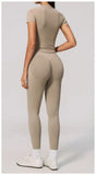 2PCS Women's Tracksuit Seamless Yoga Set Short Sleeve O Neck Workout T Shirts Fitness Suit Tight Hip Lifting Leggings Gym Sets