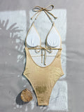 2026 V-neck Hot Stamping Monokini Swimsuit Women One Piece Hollow Swimwear Female Sexy Bathers Bathing Swimming Swim Suit Beach