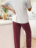 Autumn Winter Round Neck Short Sleeve Long Pants with Ribbed Stripes and Letter Heart Print Women's Pajamas Home Wear