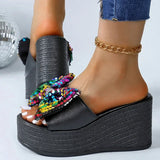 Women Colorful Sequins Platform Slippers Fashion 2025 Wedge Open Toe Black Sandal Ladies New Plus Size Thick Bottom Slides Mujer