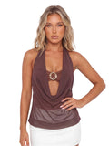 Summer Women Elegant 2 Piece Tops Mesh Sheer Halter Cowl Neck Sleeveless Vest with Buckle Tube Top Going Out Blouse Streetwear