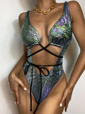 DEKA Women's Mesh Patchwork One Pieces Swimwear Sexy New Hollow Out High Cut Bandage Swimsuit Monokini Push Up Bikini