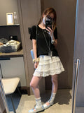 Sweet Korean Style Lace Loose Short Skirt White Tiered Ruffled Mini Skirt Elastic Waist Cute Casual Summer Skirt For Women EHAB