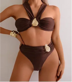 Sexy Brown Women's Swimsuit Halter Metal Water Droplet Push Up Two Piece Bikini Set 2025 Bathing Suit Pleate High Waist Swimwear