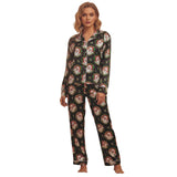 Christmas Pajamas Sets for Women Print Button Up Long Sleeve Lapel V Neck Tops and Pants Lounge Wear Satin 2 Pieces Suits