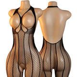 Sexy Body Lingerie Bodysuit Hanging Neck Bodystockings Erotic Crotchless Women Fishnet Hollow Open Bra Underwear Black Stockings