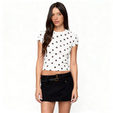 Women's summer fashion retro polka dot short-sleeved printed slim round neck top