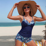 Vintage Blue Floral Print Tankini Set 2026 Swimwear Women V Neck Tank Top Drawstring Side High Waist Shorts Two Piece Swimsuit