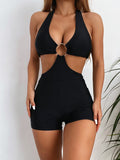 2 Colors Sexy One Piece Swimsuit Swimwear Women Black Leopard Colorful Print High Waist Halter Bathing Suit Beachwear Metal Hoop