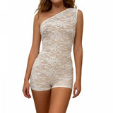 Women Summer Sheer Lace Bodysuit Tight Fitted One Shoulder Sleeveless See Through Lingerie Romper for Themed Party Club