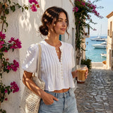 Summer Women's Ruched White Shirts Solid Color Bubble Short Sleeve Button Down Tops Casual Fashion Blouse