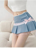 Striped Contrasting Color Bow Lace Splicing Pleated Skirt Women 2026 Summer American Style Low Waist  A-line Short Skirt UBFK