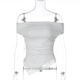 FDYOUI Woman Clothing Slash Neck T-shirts 2026 Summer Sleeveless Lace Patchwork White T Shirt Y2K Girls Irregular Corset Tee Top