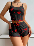 2 Pieces Pajamas Set Women Sleepwear Heart Print Crop Tops and Shorts Suit Homewear Underwear Pijama Sexy Lingerie Nighty