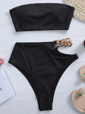 Metal Chain Ribbed Female Bandeau Swimsuit High Waist Bikini Women Swimwear Two-pieces Bikini set Asymmetric Bathing Suit Swim