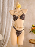 Polka Dots with Mesh Skirt Halter Shell Bikini Women Swimwear Female Swimsuit Three-pieces Bikini Set Bather Bathing Suit Swim