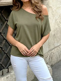 Women Off Shoulder T-shirt Loose Fit Short Sleeve Boat Neck Going Out Tops Casual Summer Shirts Streetwear