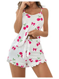 Cherry Print Women Pajama Set 2 Piece Sleepwear Cute Cami Top and Ruffle Shorts Nightwear Lounge Set Homewear for Women Girls