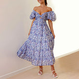 Sexy Dresses For Women Summer Trendy Boho Floral Printed Short Sleeve Vestido Seductive Off Shoulder Knee Length Dress For Woman