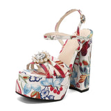 Ethnic Bohemia Sandals Women 2026 Summer Shoes Flower Print Ankle Strap Platform Block High Heels Crystal Pearl Studded