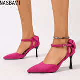 Flock Suede Female Sandals For Women Pointed Toe Stiletto Heel Buckle Strap Butterfly Knot OL Single Shoes Big Size 34-45 Sexy