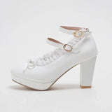 Women's Sweet Cute Lace Bow Lolita Platform High Heels, White Pumps Wedding Party Dress Shoes, Big Sizes 33-48