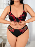 Plus Size Coquette Lingerie Set, Peony Embroidered Lace Spliced Bra for Full Bust Support