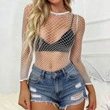 1PC Women Sexy Fishnet Beach Cover Up Long Sleeves Hollow Out Bodycon Dress See Through Summer Swimwear