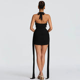FDYOUI Elegant Halter Neck Water Drop Decoration Party Club Dress for Women 2026 Backless Bandage Folds Short Evening Dresses
