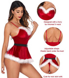 Women's Sexy Nightgown Santa Claus Cosplay Costume Floral Lace Belted Furry Sleep Dress With Thong Lingerie.