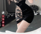 Chinese Traditional Lace Cheongsam Mini Dress Women Sexy Lingerie See-through Embroidery Halter Elegant Qipao Skirt