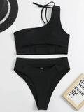 Asymmetric One Shoulder High Waist Bikini Women Swimsuit Female Swimwear Two-pieces Bikini Set Tummy Cut Out Bathing Suit Swim