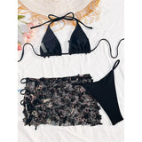 S - XL Three-pieces Bikini set With Skirt Flowers Sequins Bikini Female Swimsuit Women Swimwear Bather Bathing Suit Swim V7864