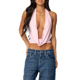Women's Solid Color Cropped Halter Neck Cami Tops Sleeveless Open Back Deep V Neck Slim Fit Tank Tops
