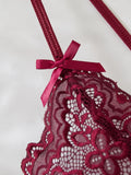 Date-specific Deep V cut WineRed lace one-piece dress. Lightweight sheer cross-strapped women's sexy lingerie set.