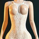 Sexy Bodysuit With Hollowed-out Chest Mesh Sexy One-piece Jacquard Open-crotch Halter Neck Backless Deep V Sleeveless Charm 57AF