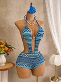 Sexy Hot Pink Knitted Striped Swimsuit 2026 Women Metal Circle Patchwork Hollow Backless Beach Bathing Suit One Piece Swimwear