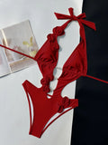 Sexy 3D Flowers Deep V Neck Halter Women Swimwear One Piece Swimsuit Female High Cut Leg Monokini Bather Bathing Suit Swim V6986
