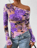 Women's Off-Shoulder Ruffled Sleeve Long-Sleeve Top with Asymmetrical Tie-Dye Mesh Asymmetrical Pleated Floral Print T-Shirt