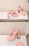 Plus Size Women's Bow Mary Janes Platform Chunky Heels Ankle Strap High Heel Pumps Sweet Lolita Party Dress Shoes