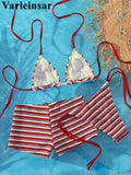S - XL With Shorts Striped Halter Bikini Women Swimwear Female Swimsuit Three-pieces Bikini set Bather Bathing Suit Swim V8130