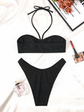2025 Halter Bandeau Bikini Solid Swimwear Female Sexy Swimsuit Women Bathers Bathing Swimming Swim Suit Beachwear